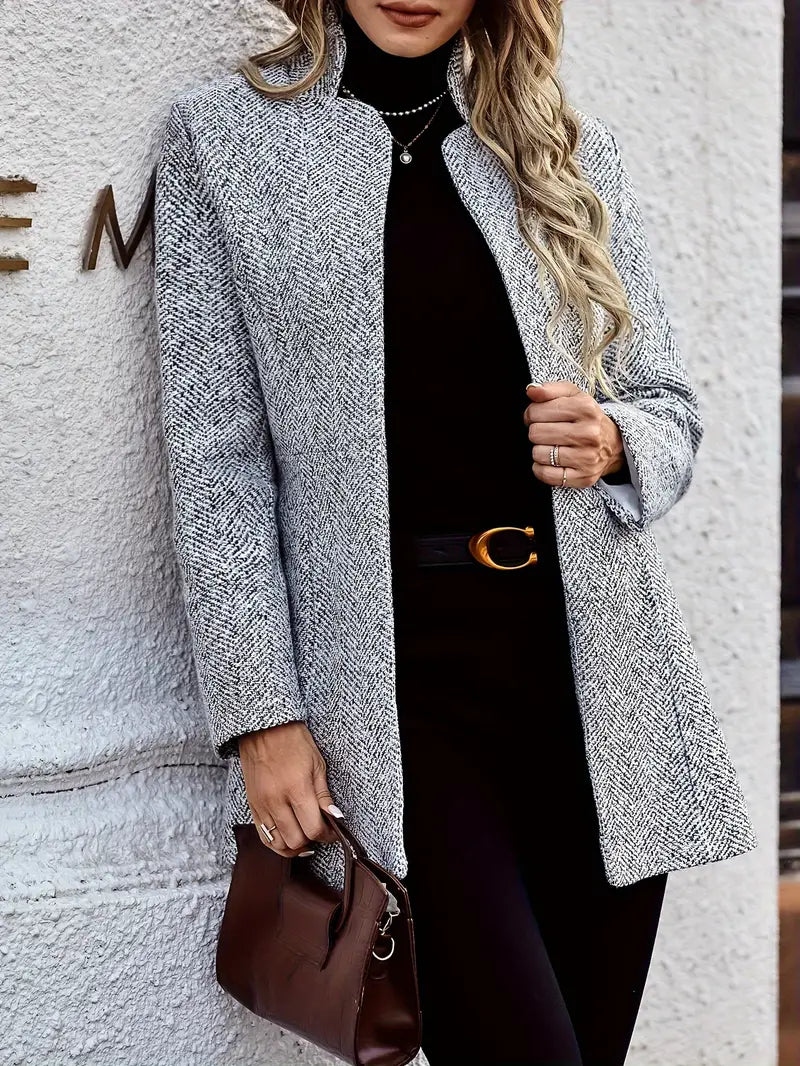 Open Front Textured Long Sleeve Blazer For Office & Work