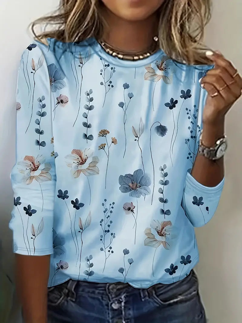 Floral Print Crew Neck Long Sleeve T-Shirt