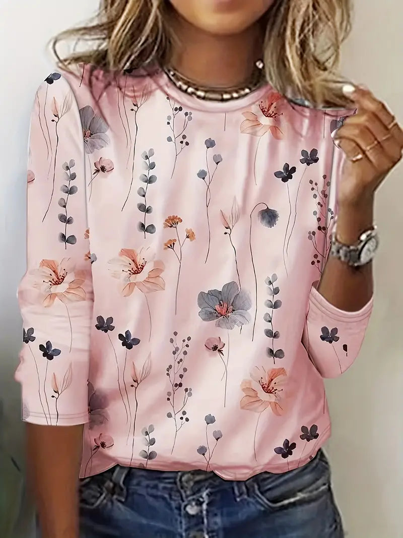 Floral Print Crew Neck Long Sleeve T-Shirt